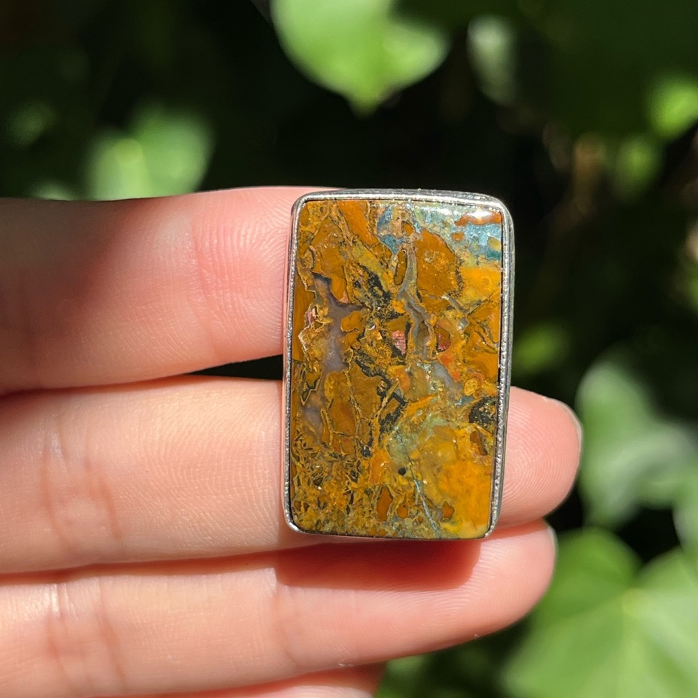 Size 9 Silver plated yellow moss agate rectangular ring‎